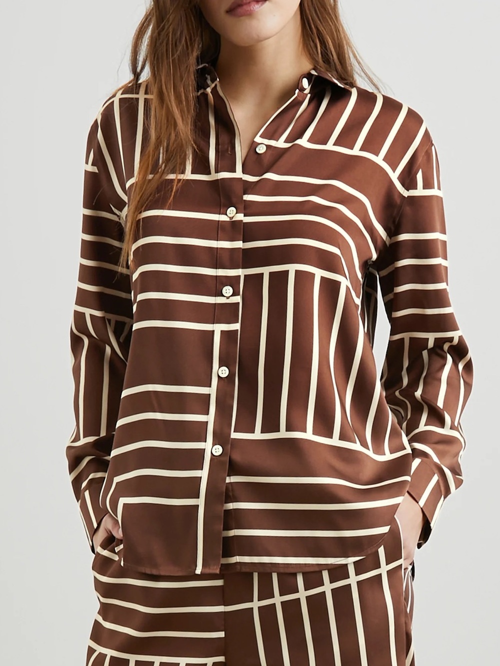 Rails Elias Brown Line Button Down‎ Blouse Cream Geometric Stripe Size Small